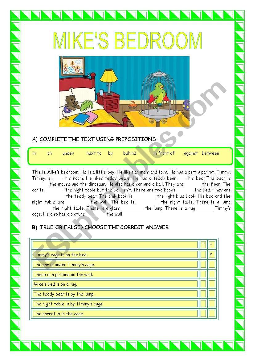 IN THE BEDROOM + PREPOSITIONS worksheet