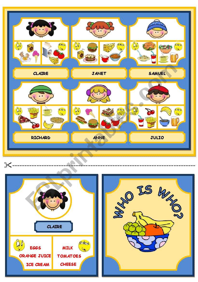 WHO IS WHO? GAME (DESCRIBING WHAT PEOPLE LIKE/DONÂ´T LIKE - FOOD AND DRINK)