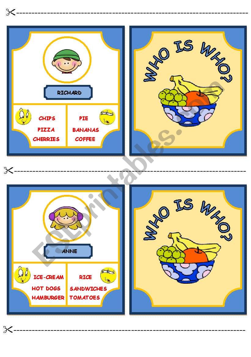 WHO IS WHO? GAME (DESCRIBING WHAT PEOPLE LIKE/DONÂ´T LIKE - FOOD AND DRINK) - PART 2