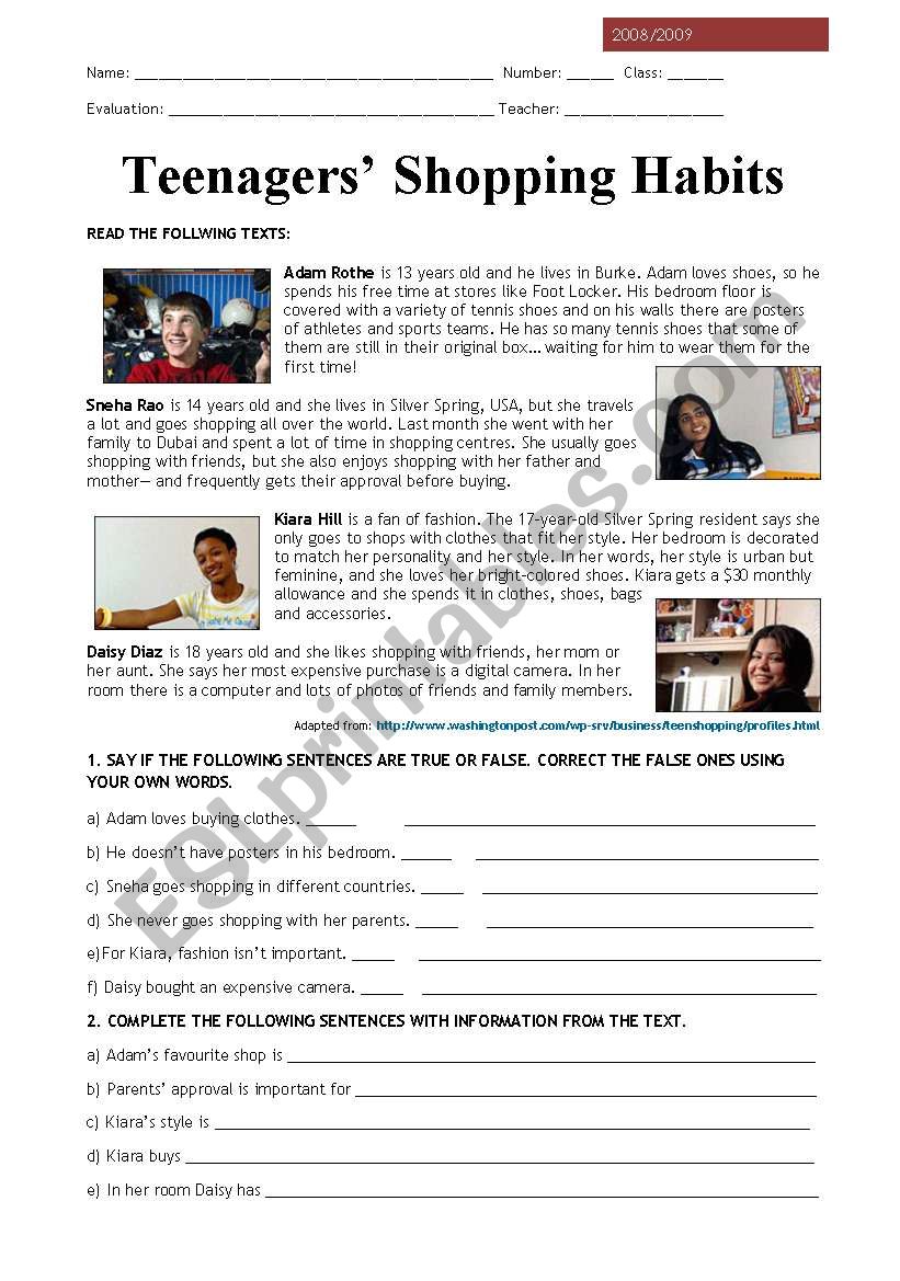 Teenagers shopping habits worksheet