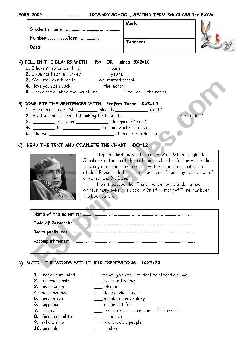 a nice exam for 8th year stds worksheet