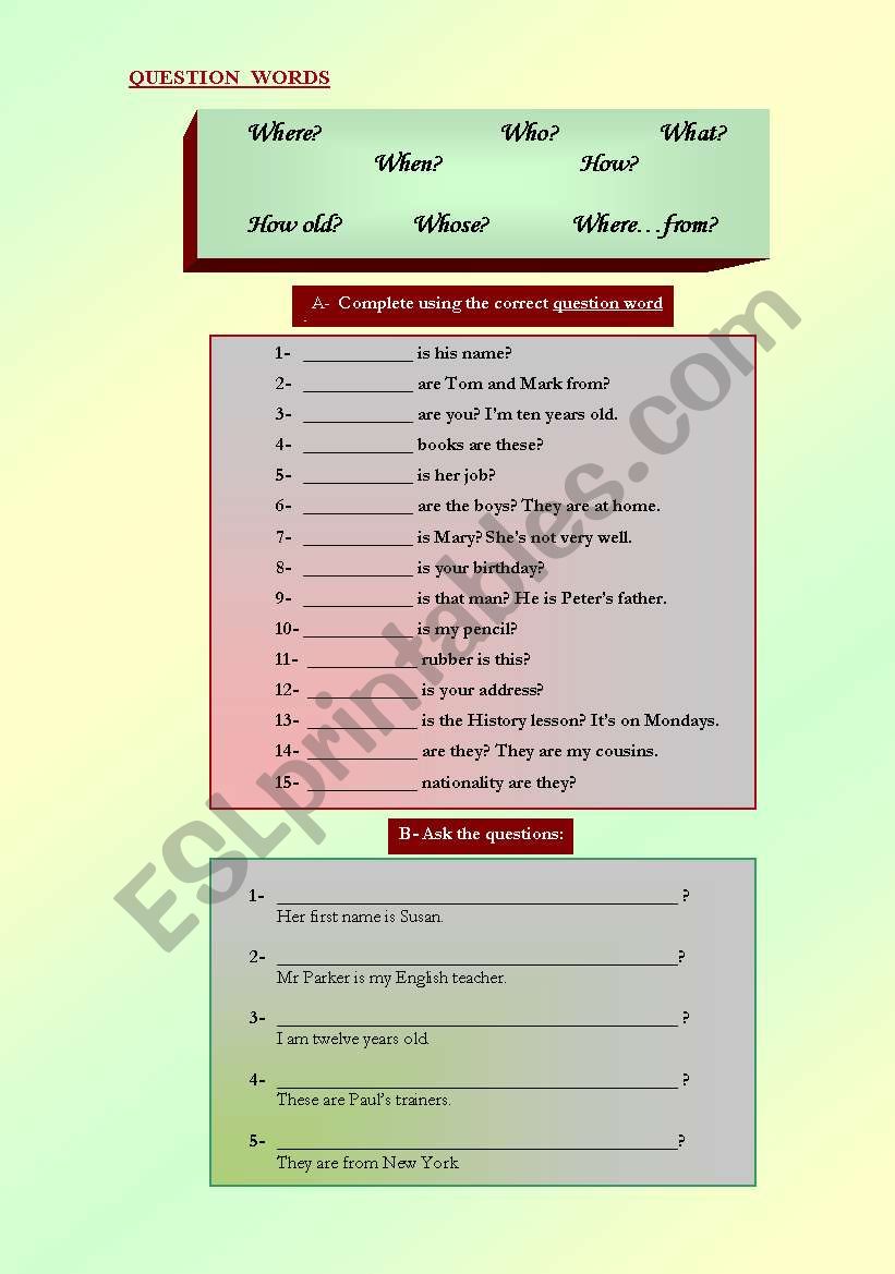 Question words worksheet