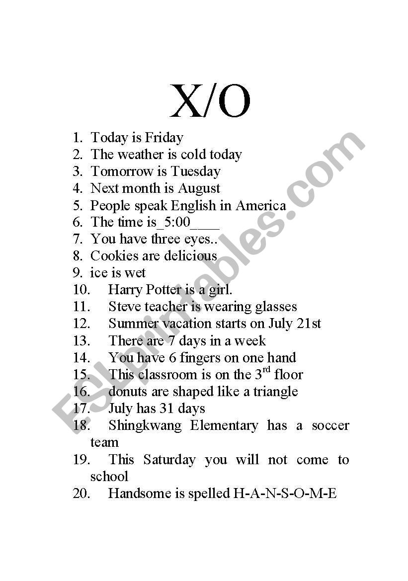 x/o game worksheet