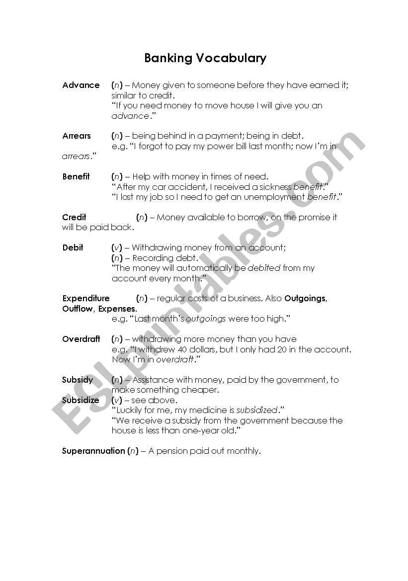 Banking Vocabulary worksheet