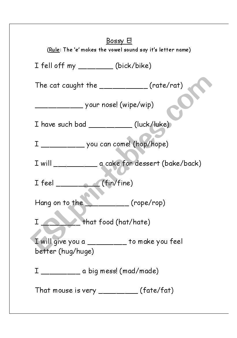 Bossy E Spelling Rule worksheet