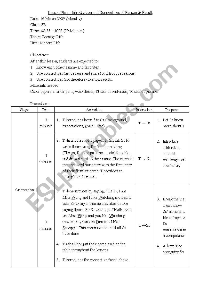 Lesson Plan - Connectives of Reason and Result