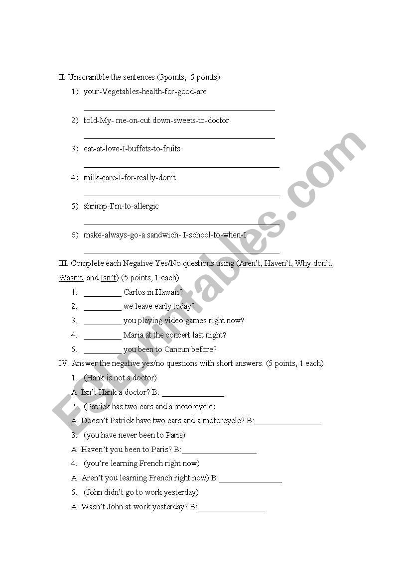 small exercise on Yes/No Negative Questions