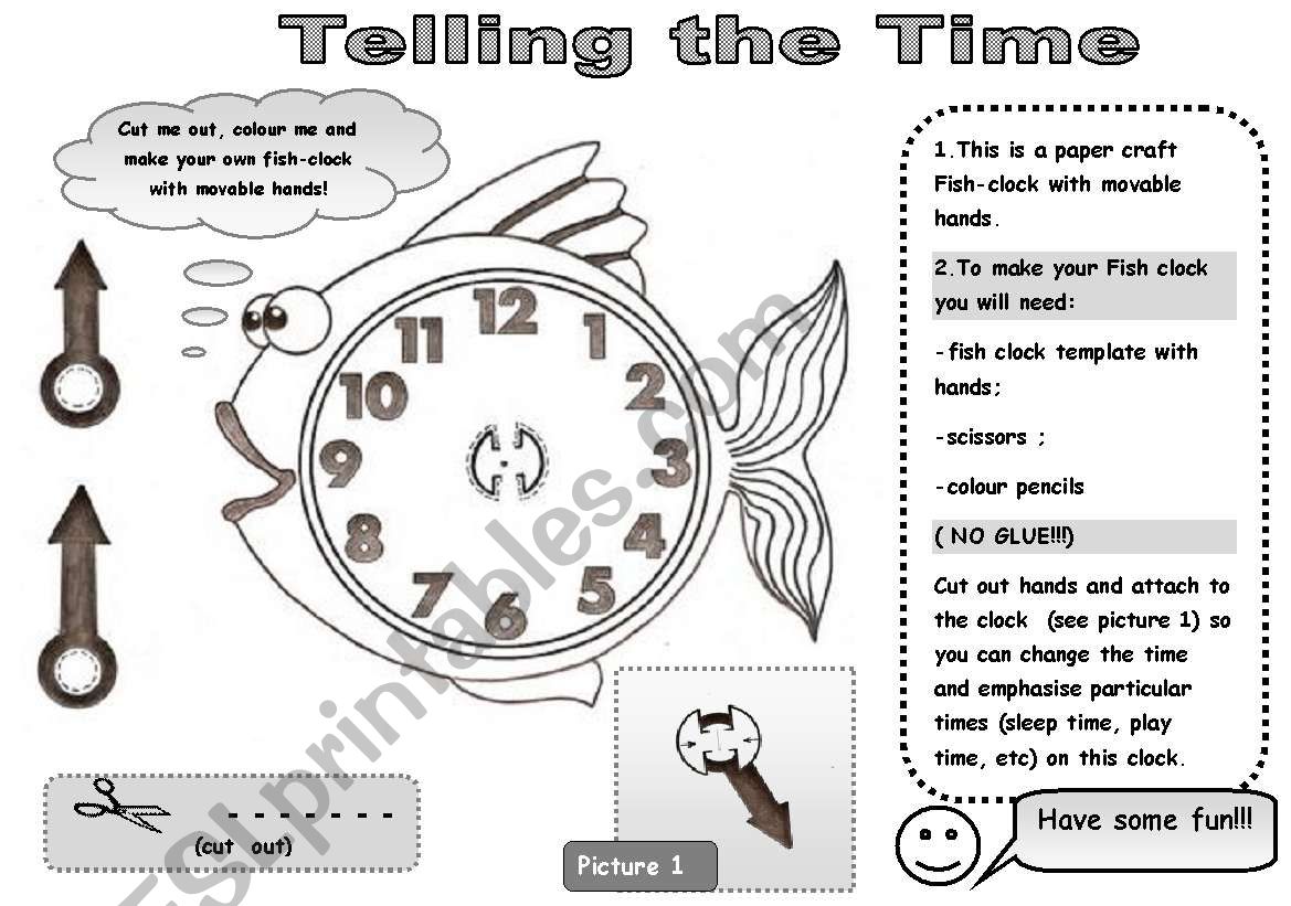 FISH_CLOCK PAPER CRAFT WITH MOVABLE HANDS! - FUN ACTIVITY TO PRACTISE TELLING THE TIME (with instructions)
