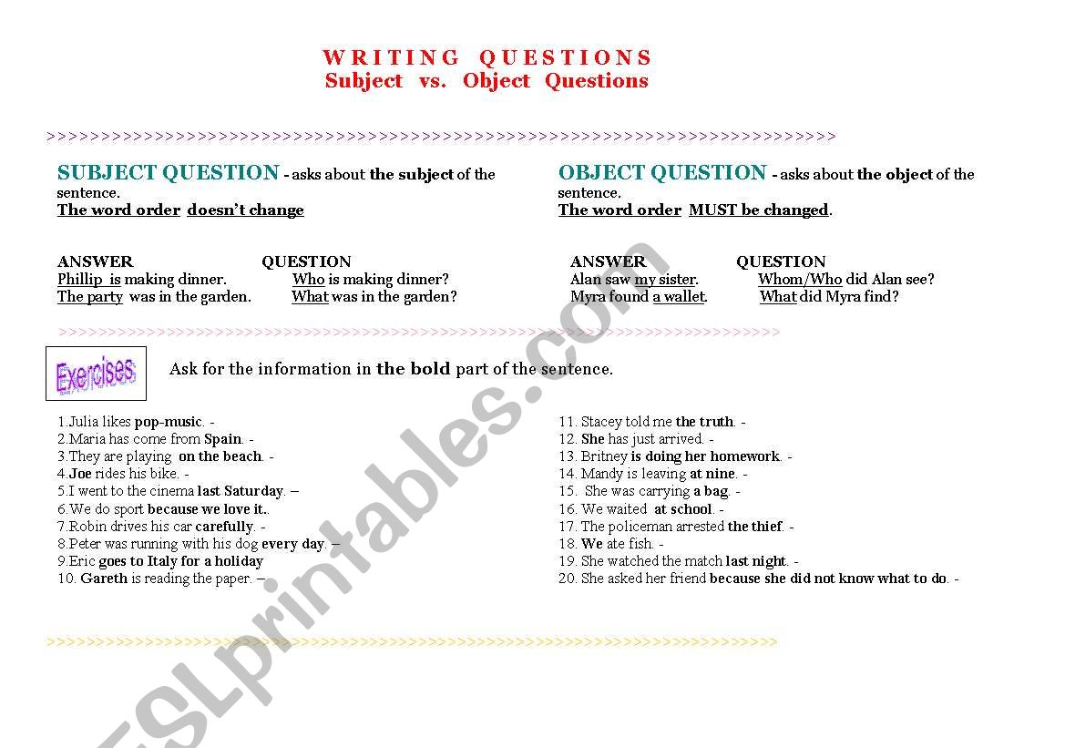 SUBJECT vs. OBJECT QUESTIONS worksheet