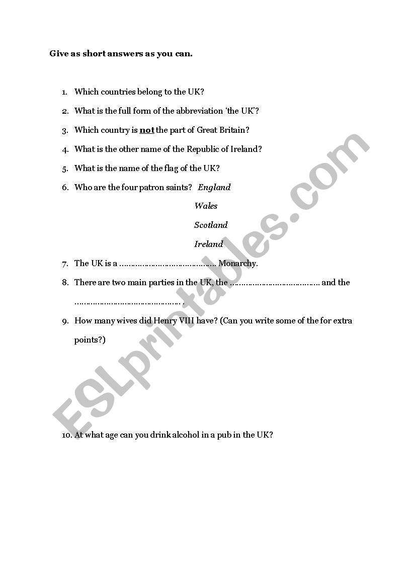 quiz on UK worksheet