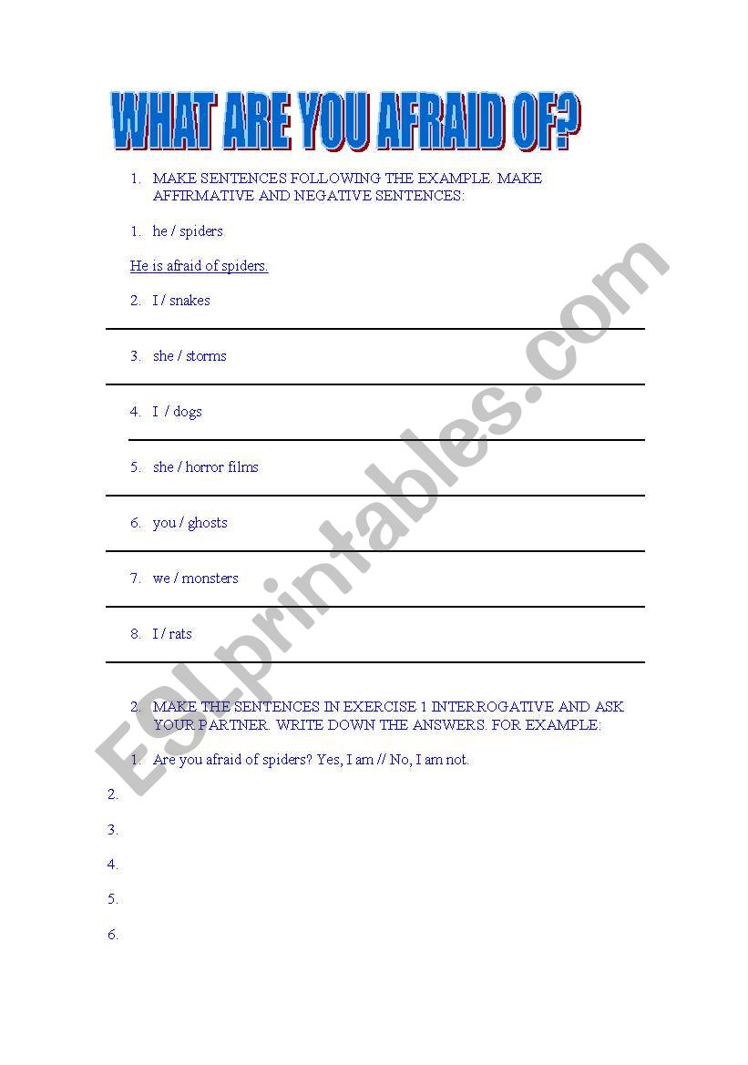 What are you afraid of ?  worksheet