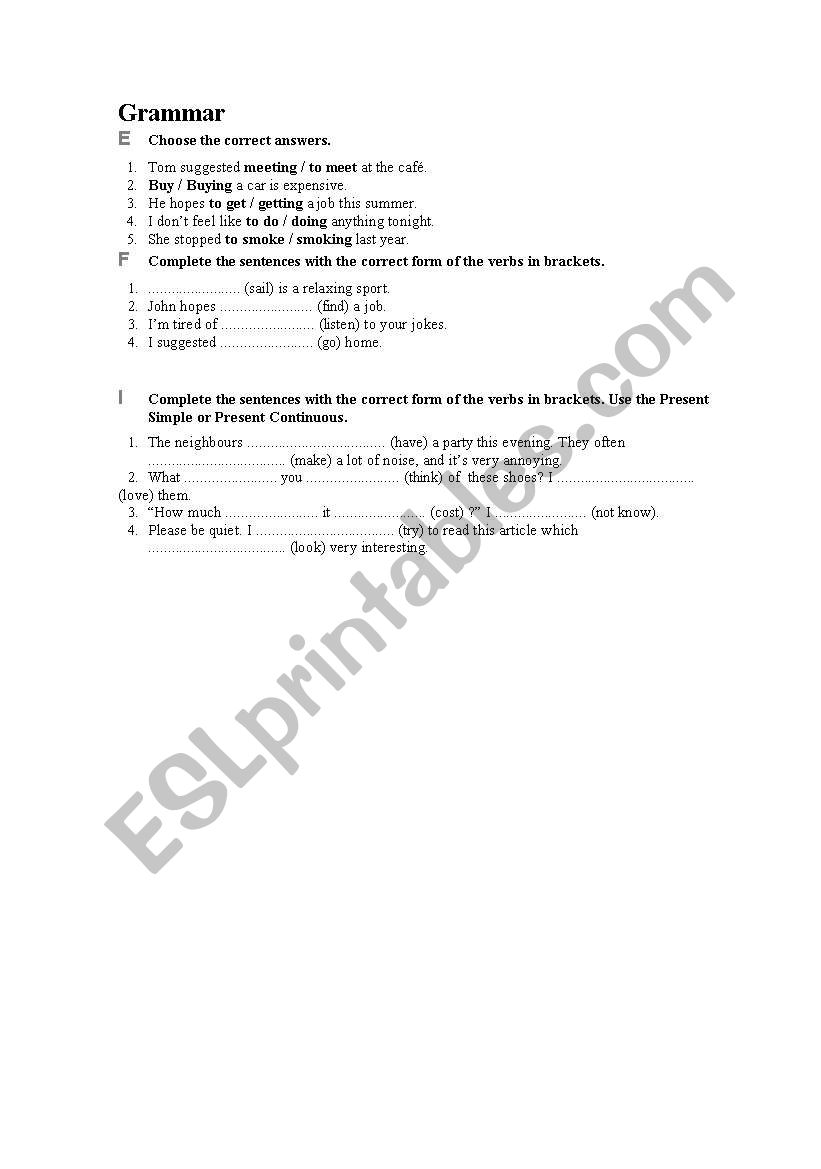 gerund or infinitive worksheet