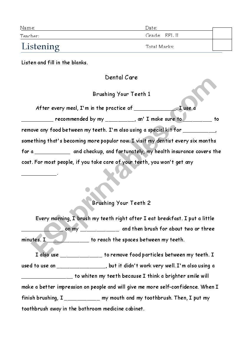 Dental Care worksheet