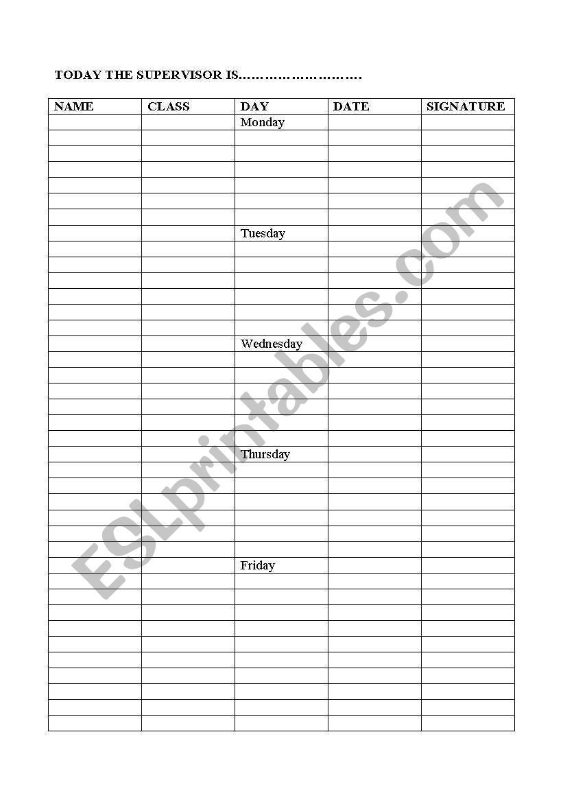 A CLASSROOM SUPERVISOR worksheet