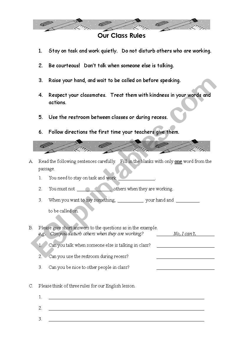 Class Rules worksheet