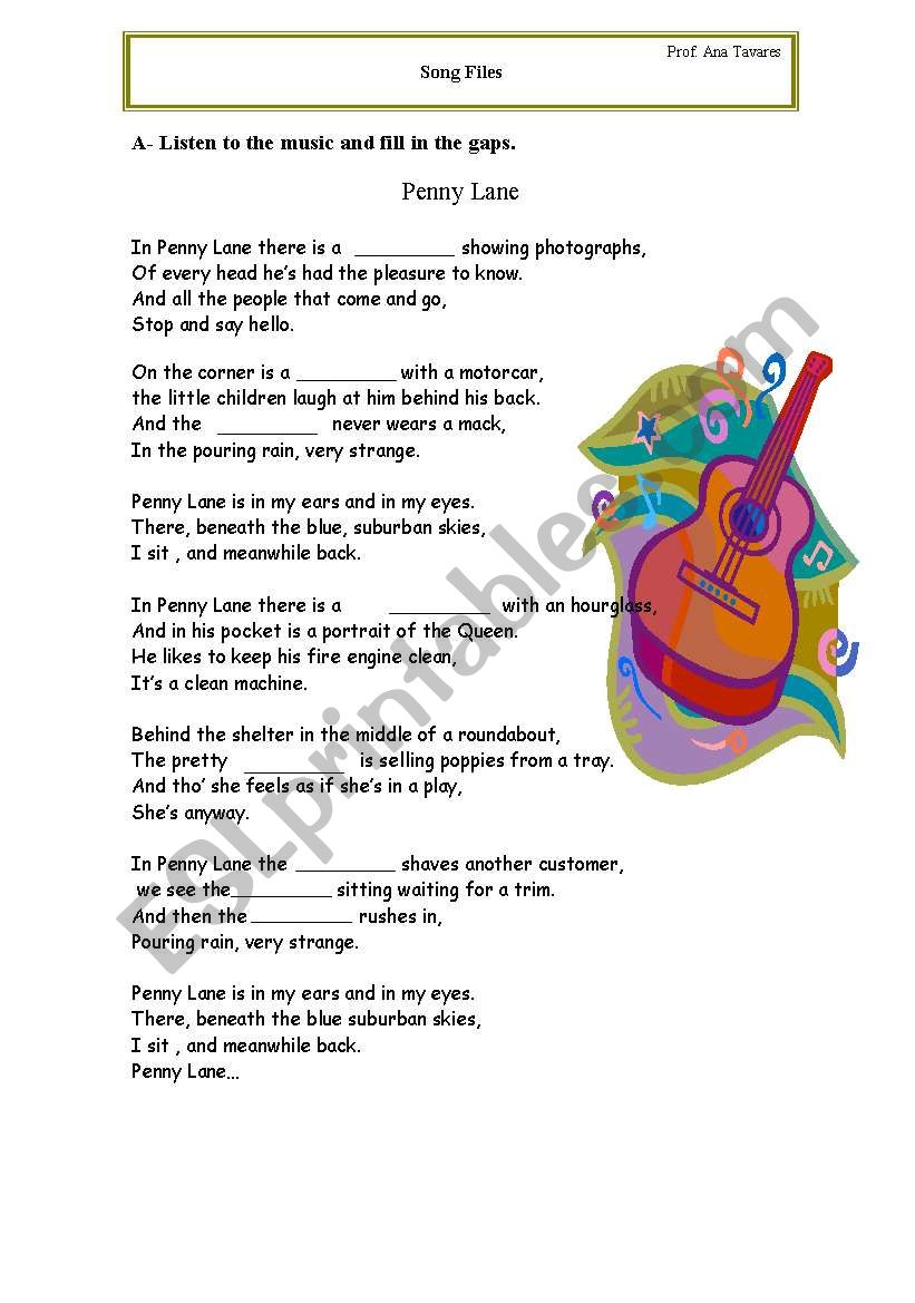 Penny Lane worksheet