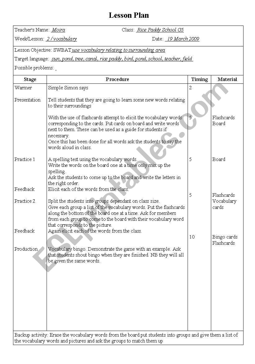 lesson plan countryside worksheet