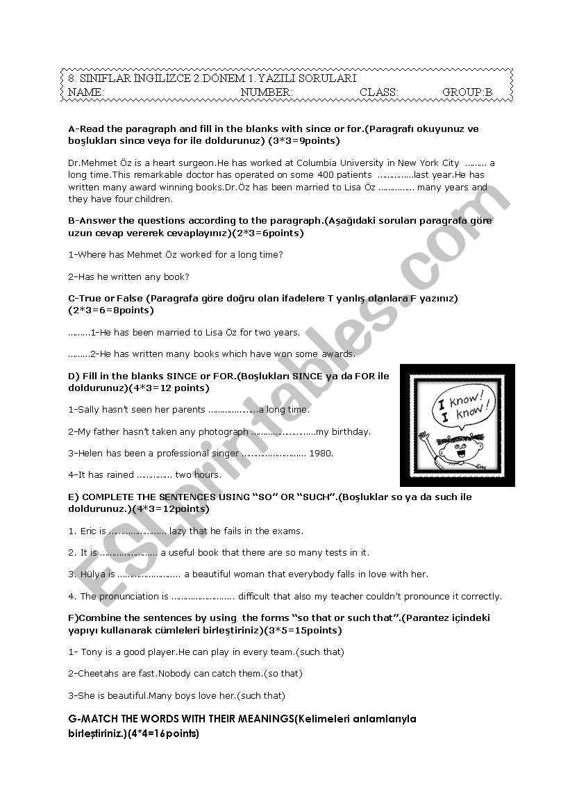 8th grade exam for Turkish students 