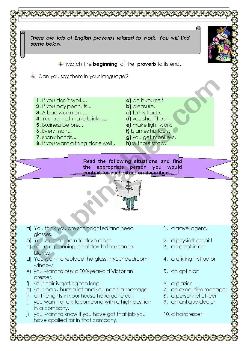 Proverbs and matching jobs worksheet