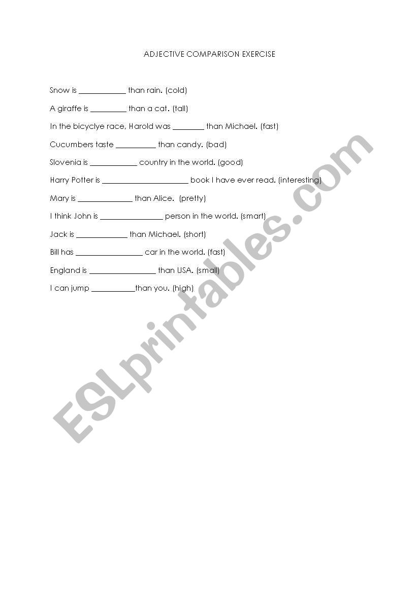 Adjective comparison test worksheet