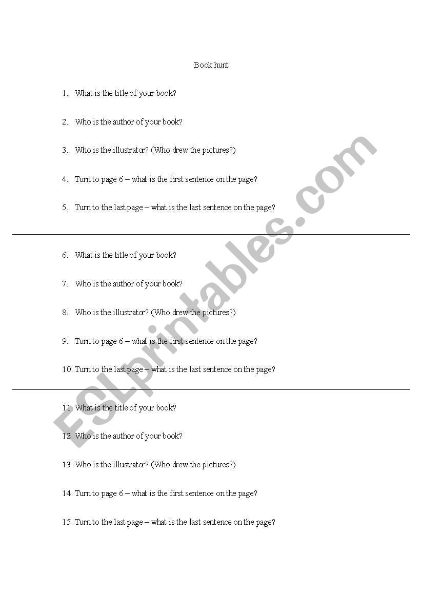 Book Hunt worksheet