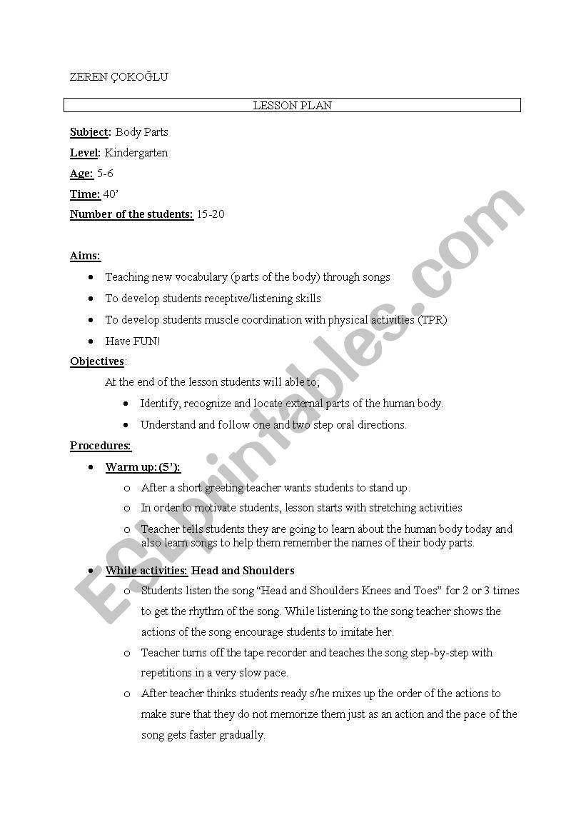 body parts lesson plan worksheet