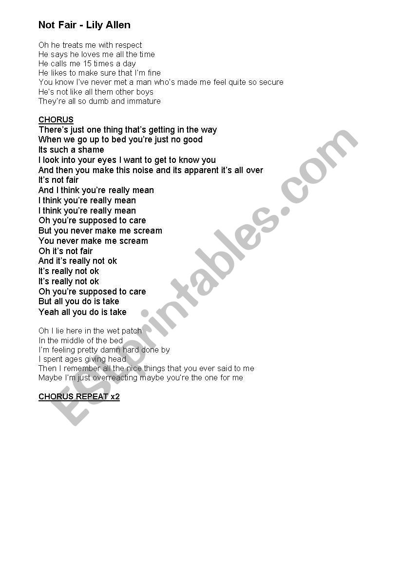 Lily Allen - Not Fair Song worksheet