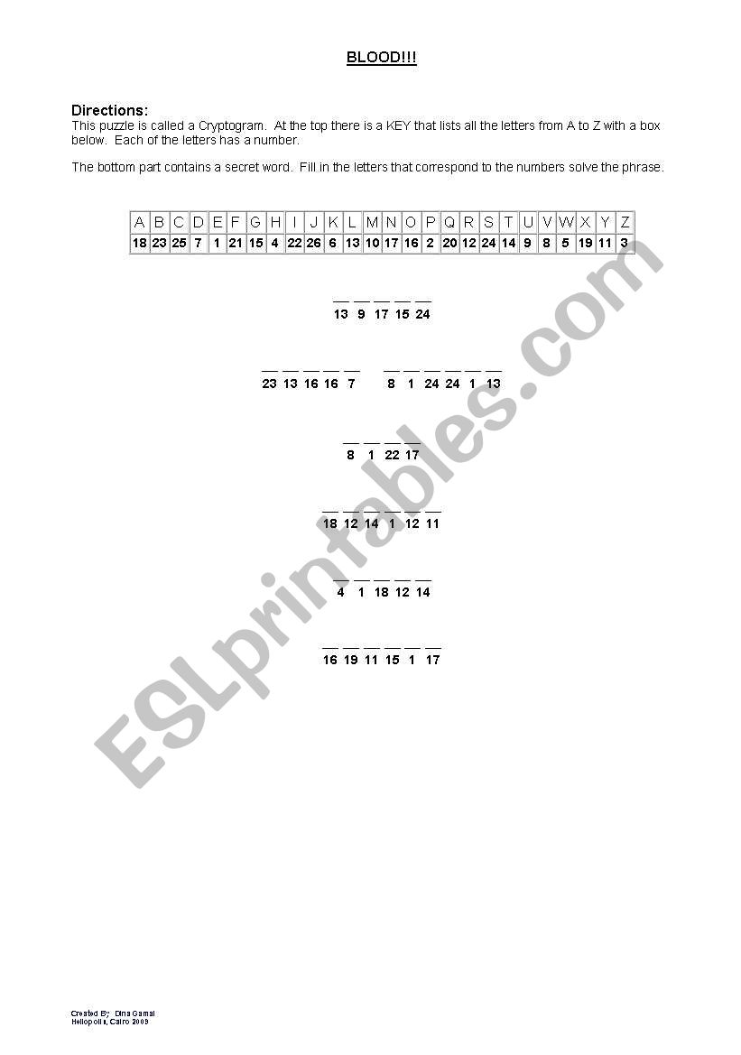 Blood Puzzle worksheet