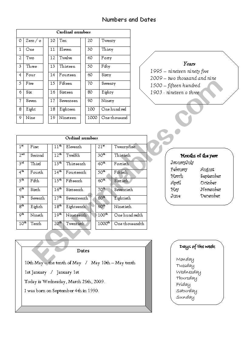 Dates and numbers worksheet