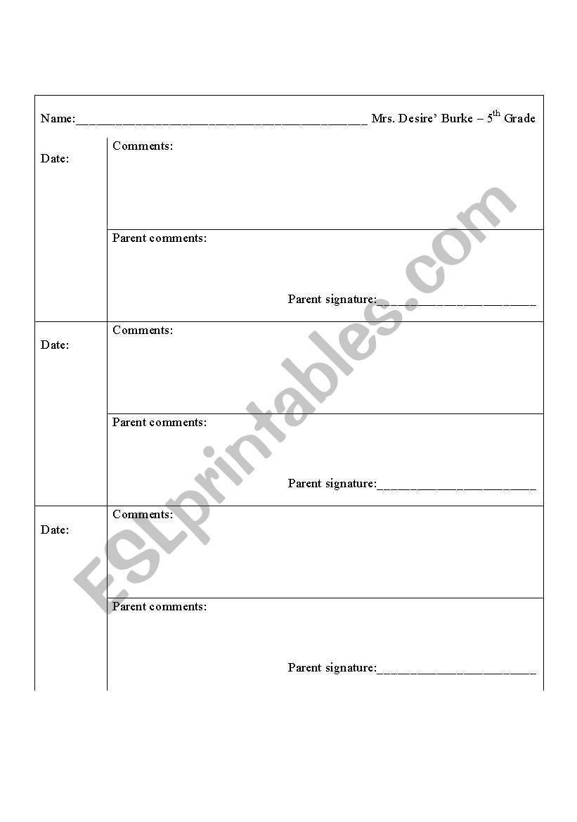 Parent Log worksheet
