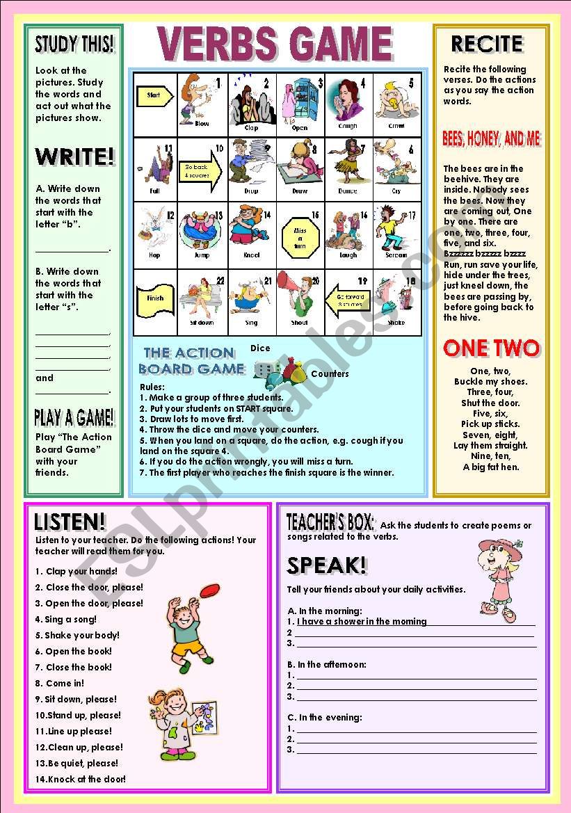 Verbs game worksheet