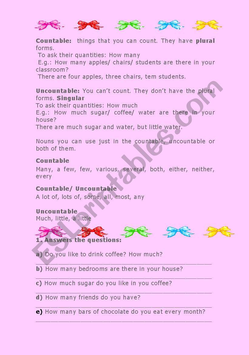 Coutable and Uncountable worksheet