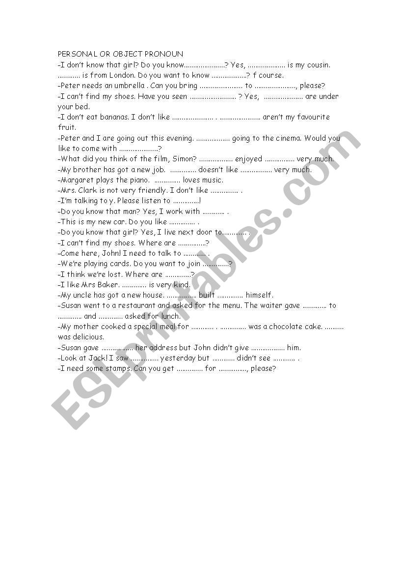 subject object pronouns worksheet