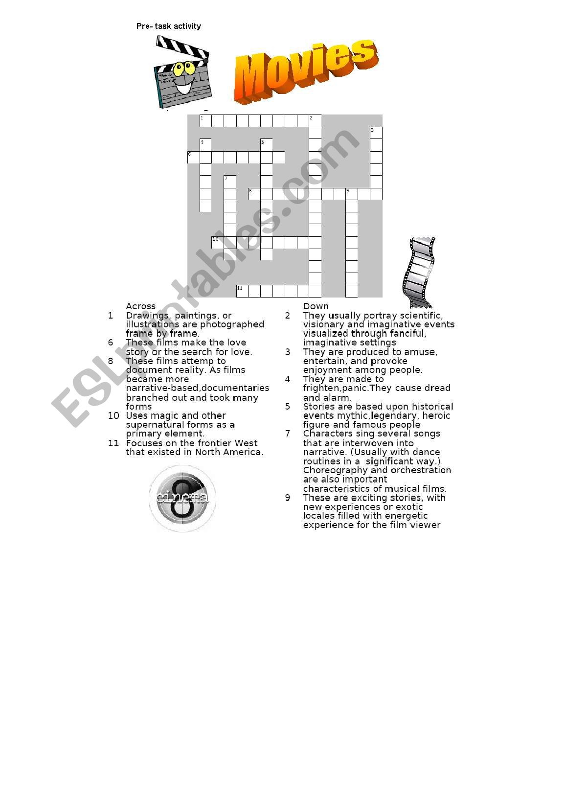 GENRES OF MOVIES CROSSWORD worksheet