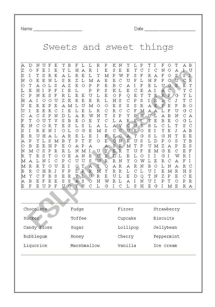 Sweets wordsearch worksheet