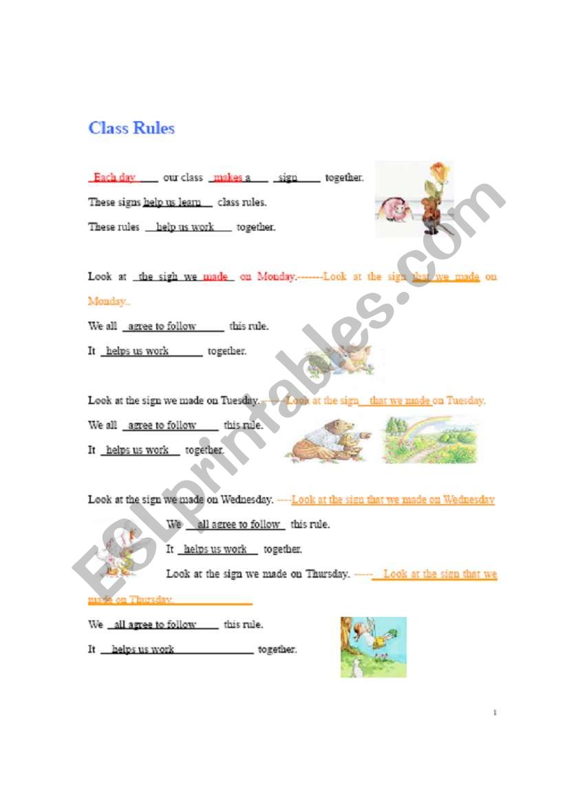 class rules worksheet