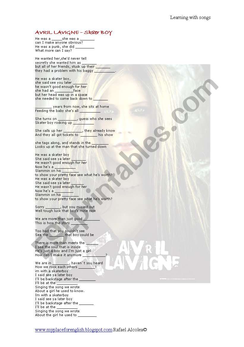 Avril lavigne -Skater boy Lyrics and activities