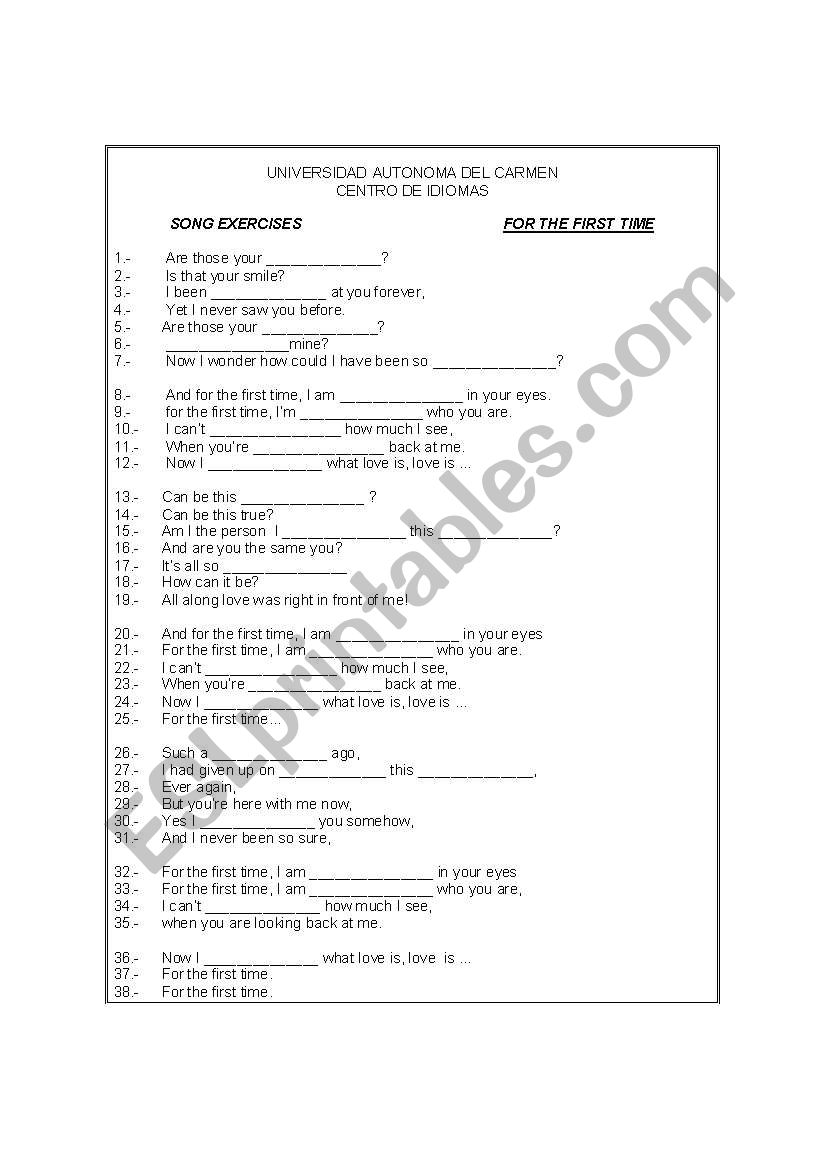 For the first time    lyrics worksheet