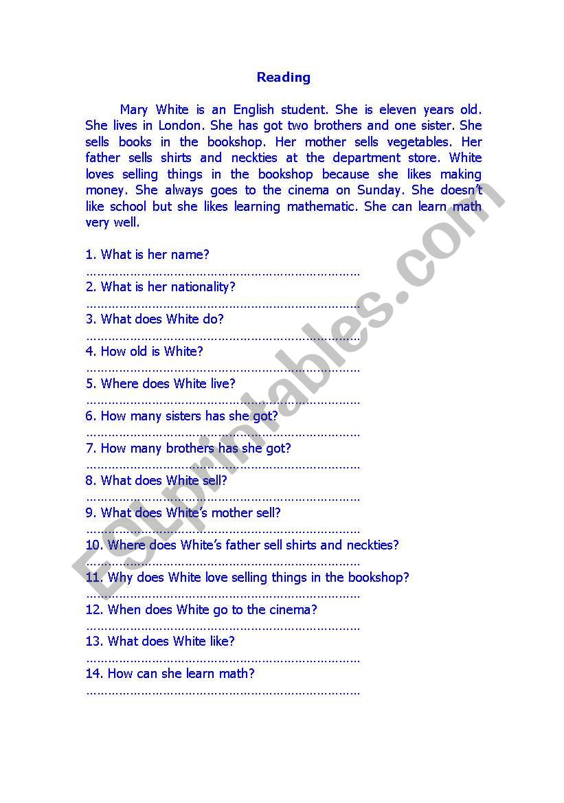 Reading for Young Kids worksheet