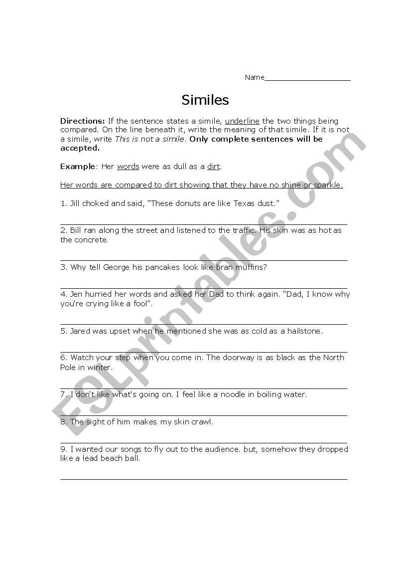 Understanding Similes worksheet