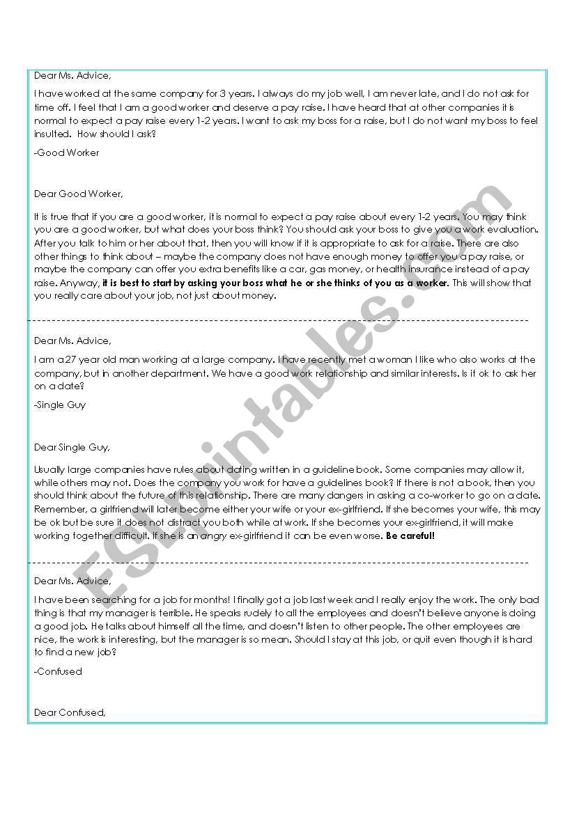 Ms. Advice Newspaper Column worksheet