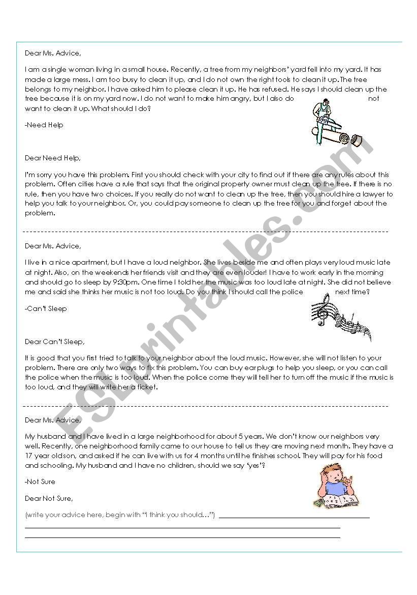 Dear Ms. Advice - Neighbors worksheet