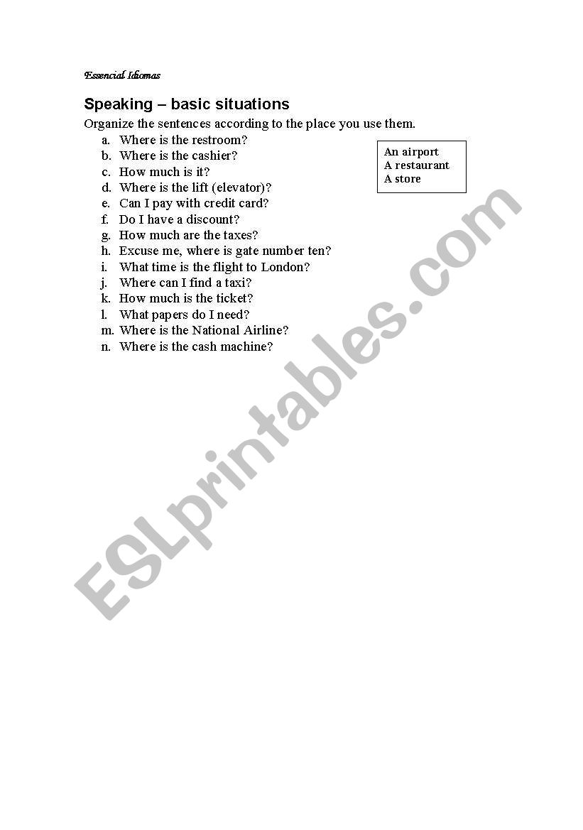 Speaking situations worksheet