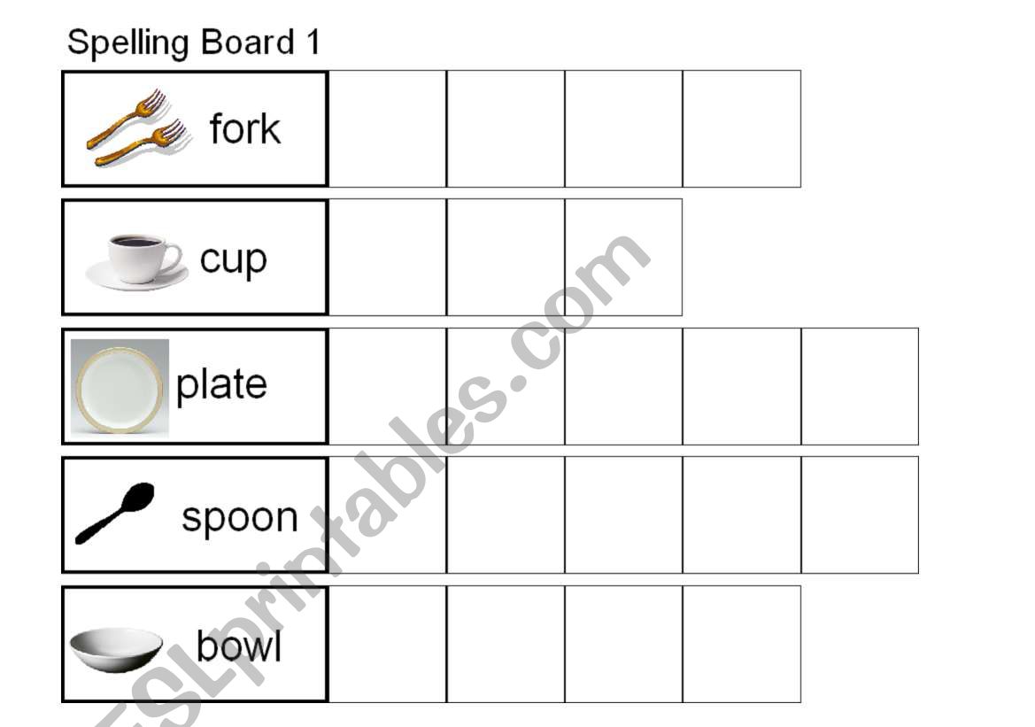 Spelling words fork spoon cup bowl plate
