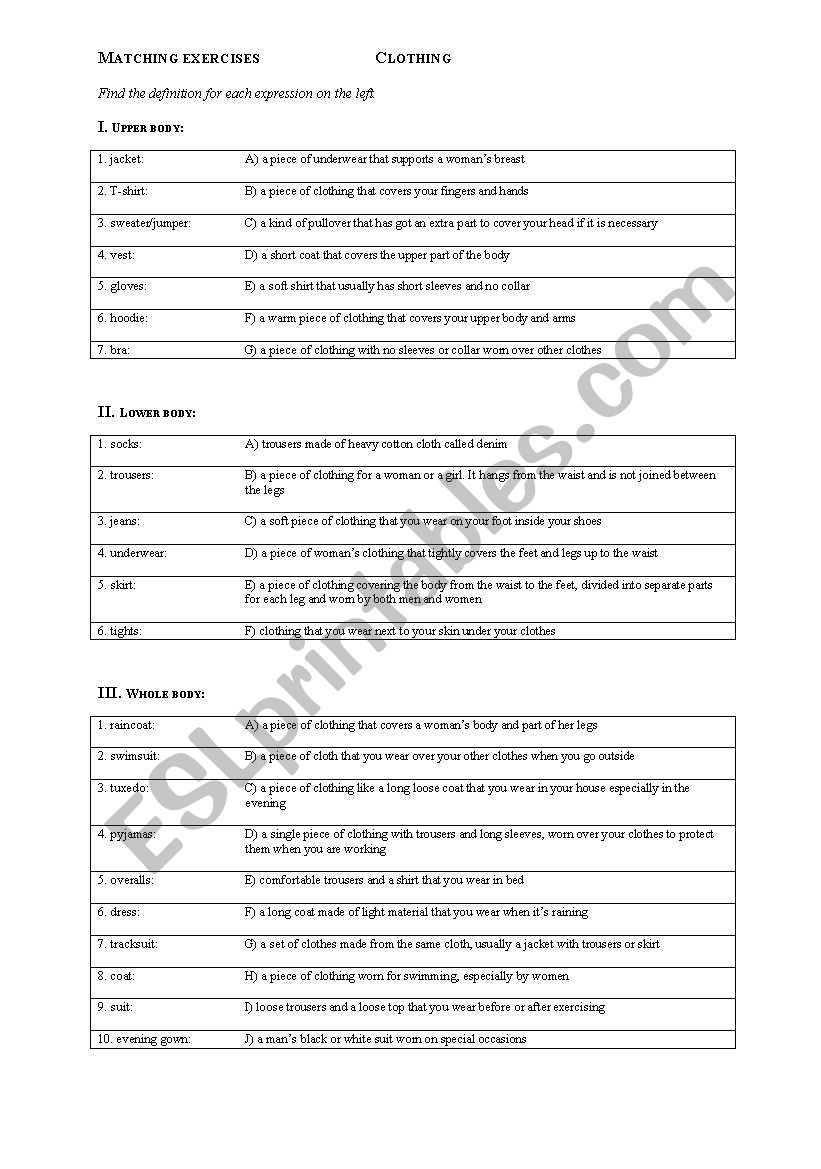 Clothing - Matching exercise and discussion