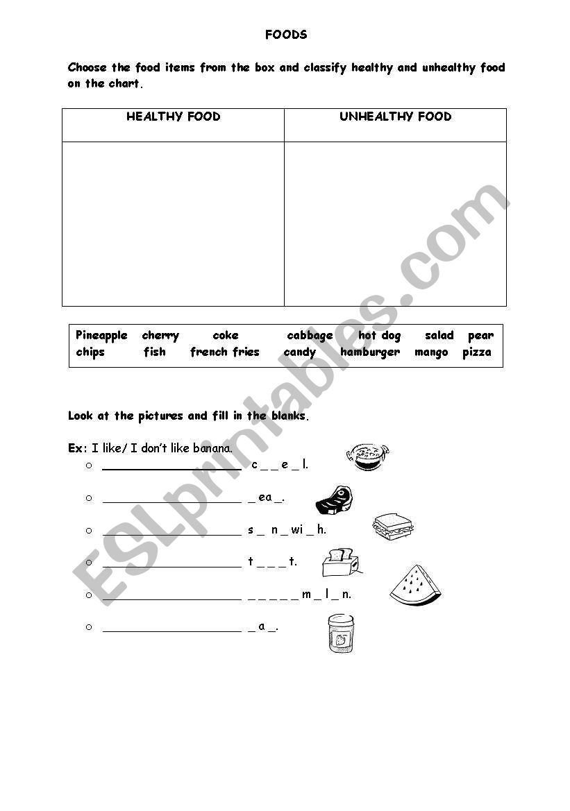 food items worksheet
