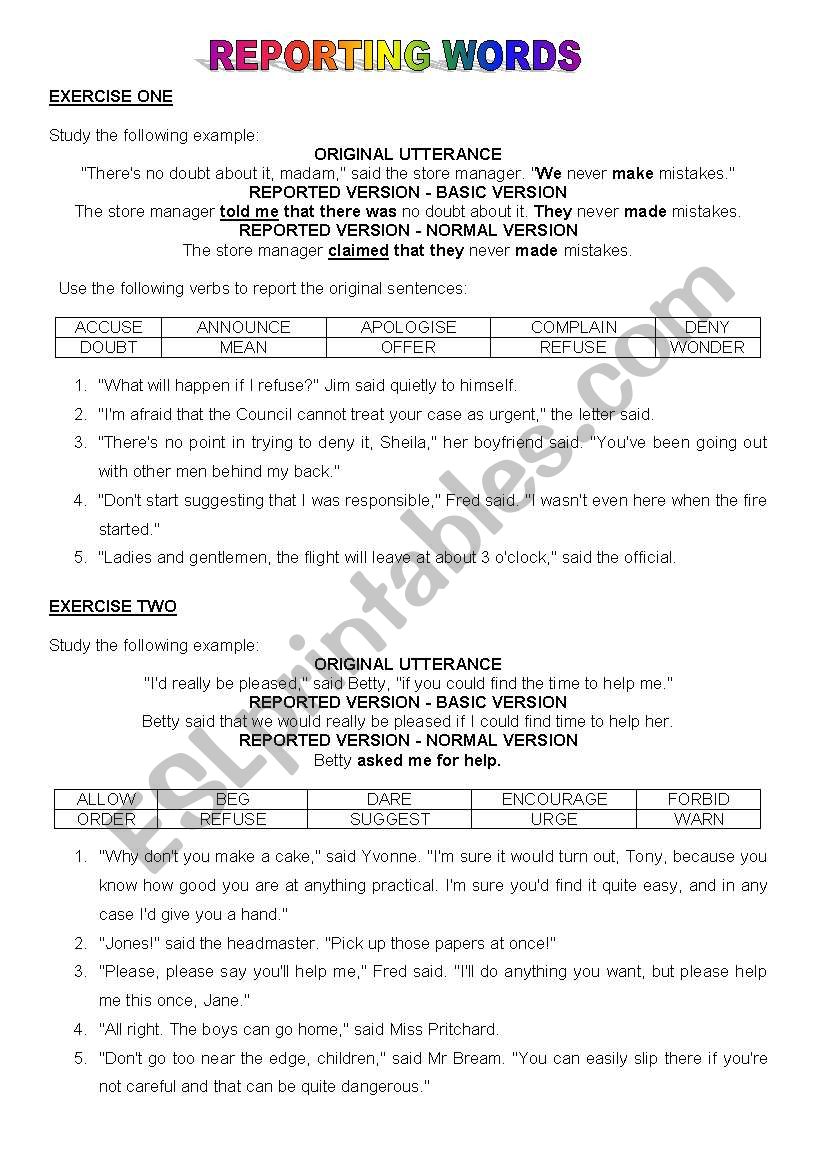 Reporting words worksheet