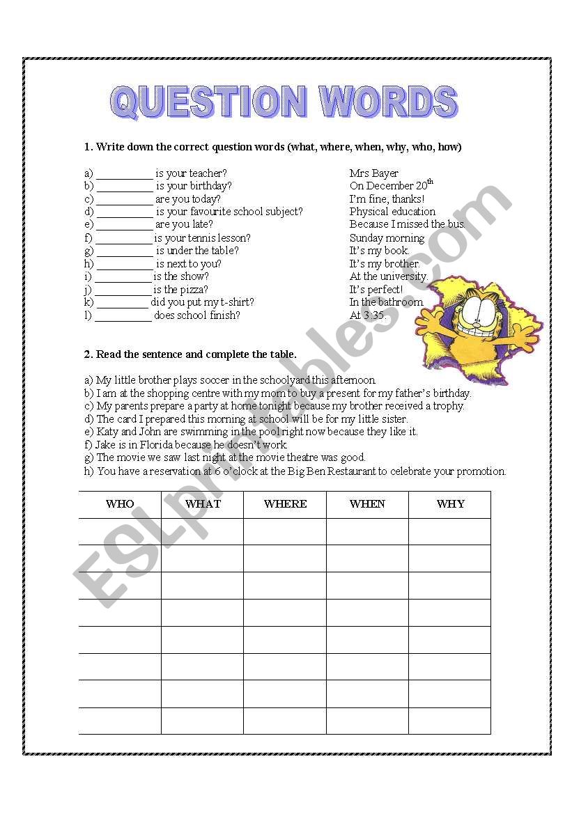 question words worksheet