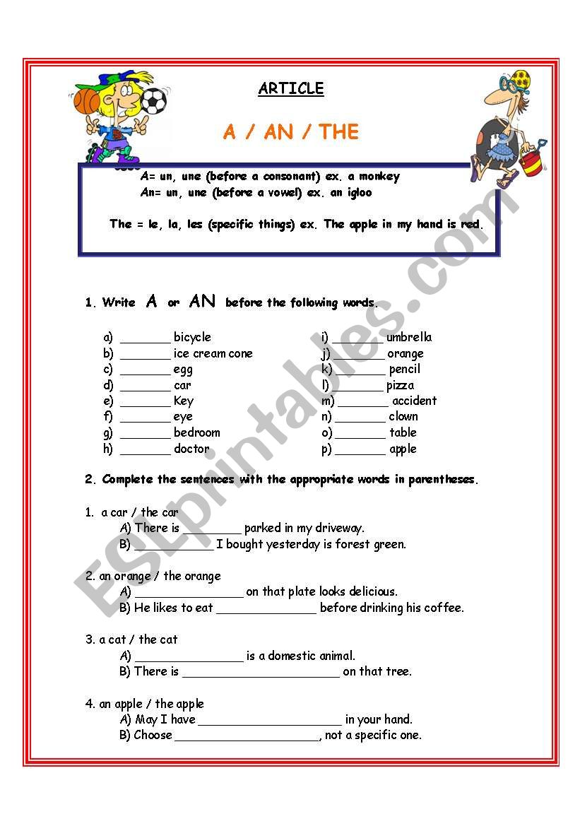 A / AN THE worksheet