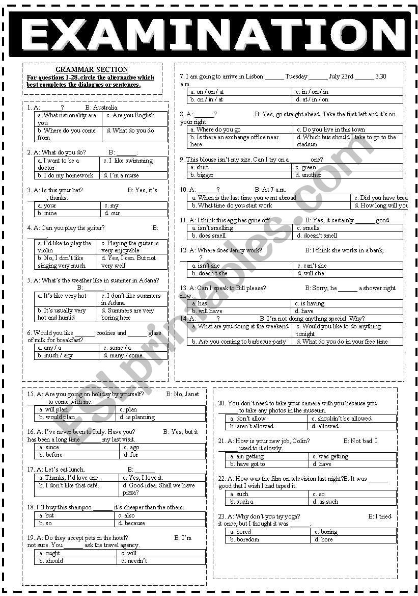 2 PAGES OF EXAMINATION WITH AN ANSWER KEY